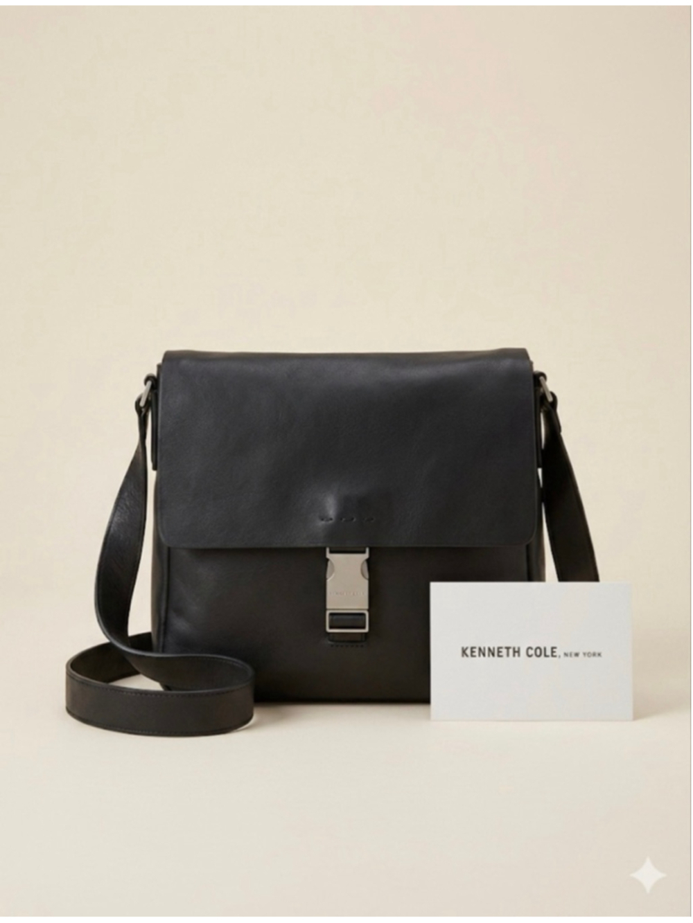 Men's Kenneth Cole Black Leather Messenger Bag One Size